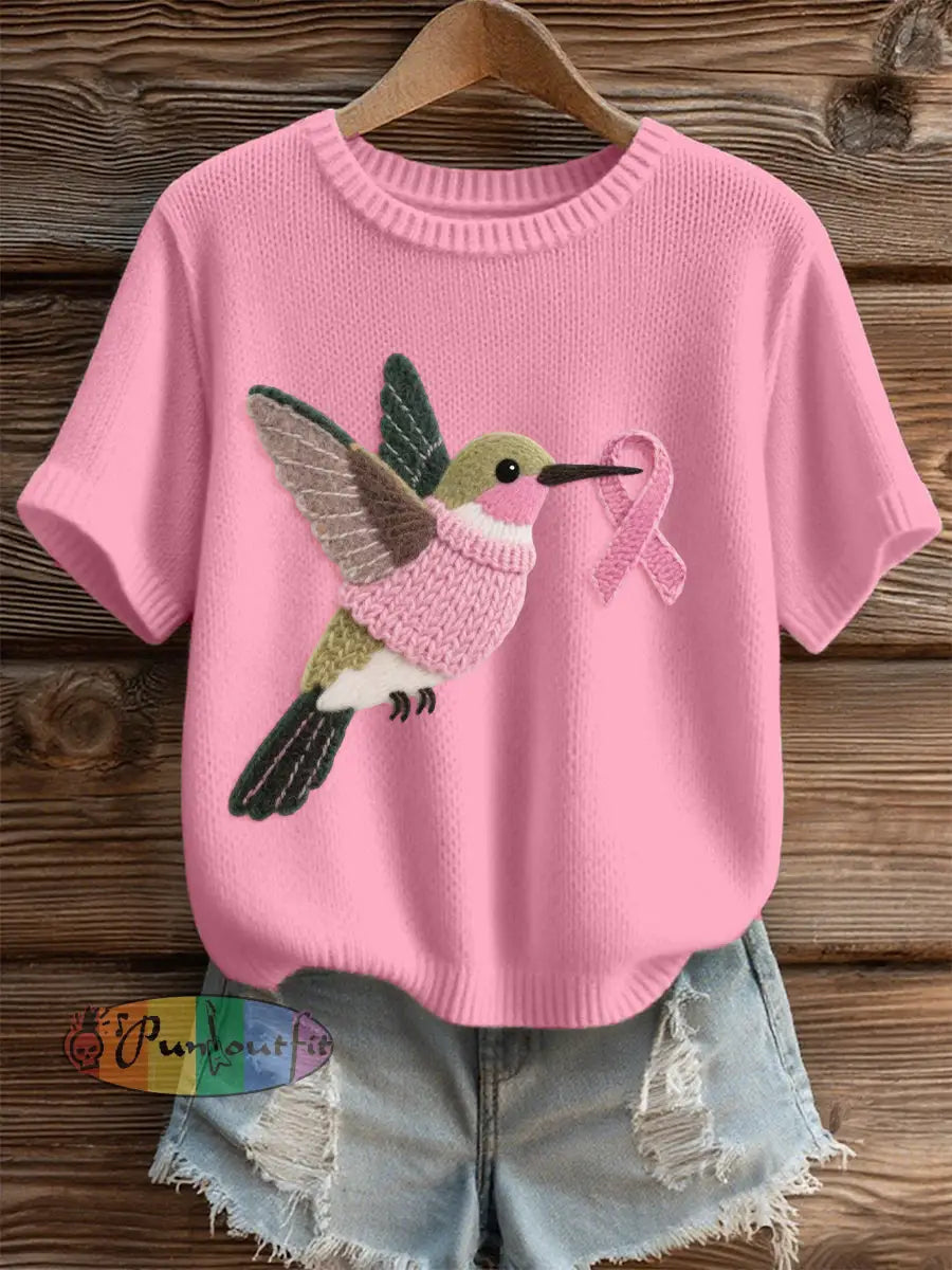 Women’s Hummingbird Pattern Felt Art Cozy Knit Top Pink / S