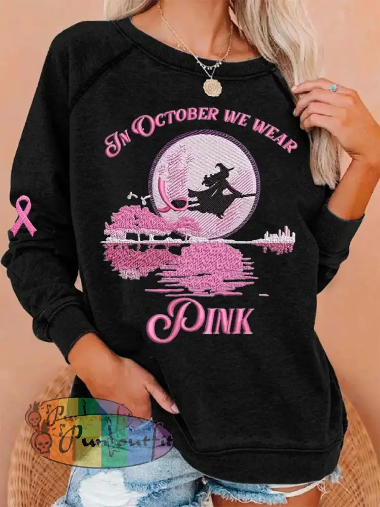 Women’s In October We Wear Pink Halloween Witch Print Breast Cancer Awareness Sweatshirt Black / S