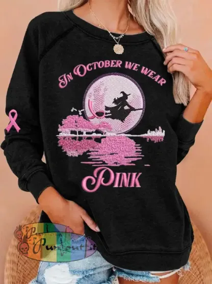 Women’s In October We Wear Pink Halloween Witch Print Breast Cancer Awareness Sweatshirt Black / S