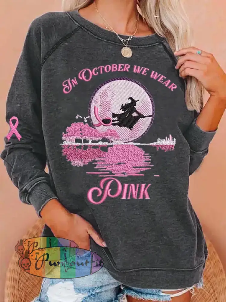 Women’s In October We Wear Pink Halloween Witch Print Breast Cancer Awareness Sweatshirt Dark Gray / S
