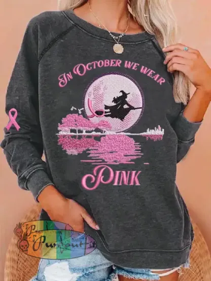 Women’s In October We Wear Pink Halloween Witch Print Breast Cancer Awareness Sweatshirt Dark Gray / S