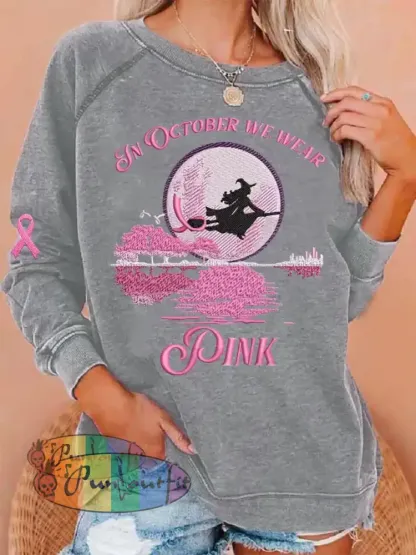 Women’s In October We Wear Pink Halloween Witch Print Breast Cancer Awareness Sweatshirt Light Gray / S