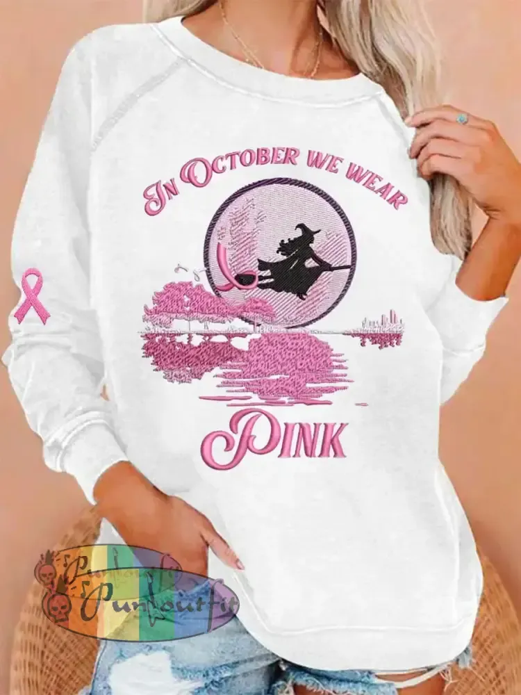 Women’s In October We Wear Pink Halloween Witch Print Breast Cancer Awareness Sweatshirt White / S