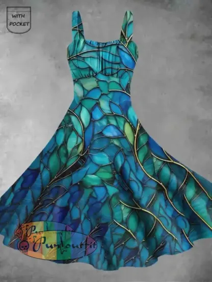 Women’s Irregular Abstract Printed Sling Dress With Pockets Green / S