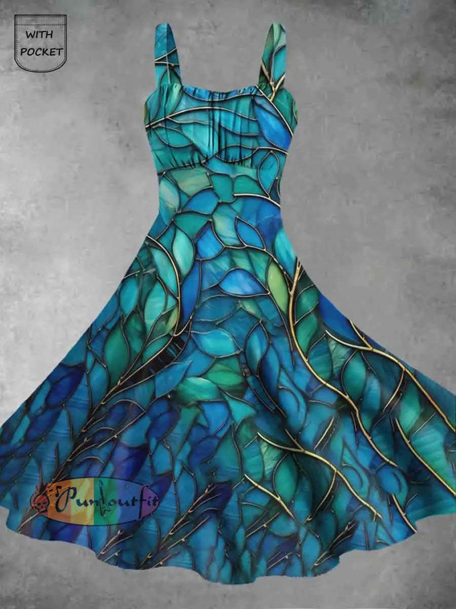 Women’s Irregular Abstract Printed Sling Dress With Pockets Green / S