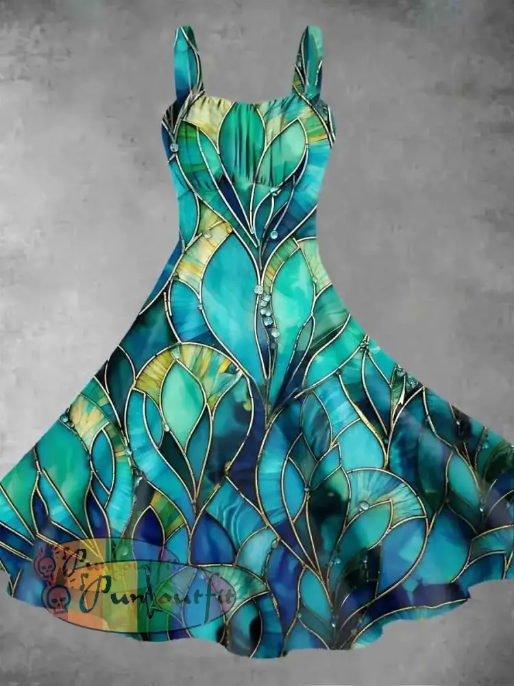 Women’s Irregular Window Print Suspender Dress Green / S