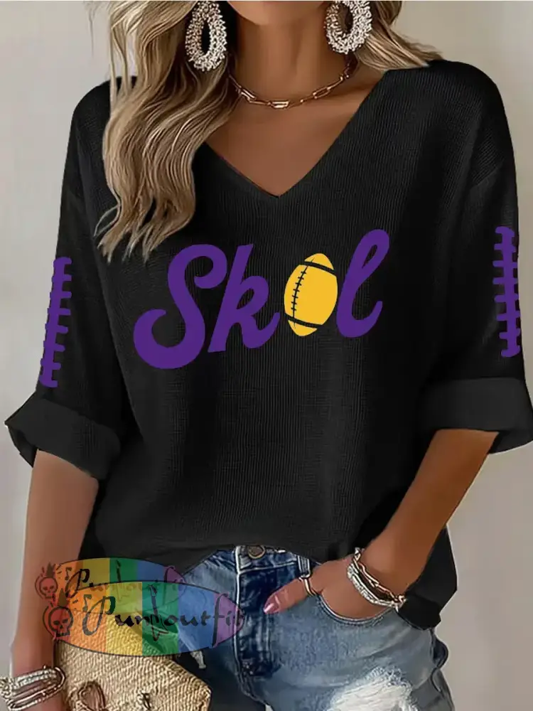 Women’s Let’s SKOL Crazy! Football Fans Lovers Gameday Casual V-Neck Top Black / S