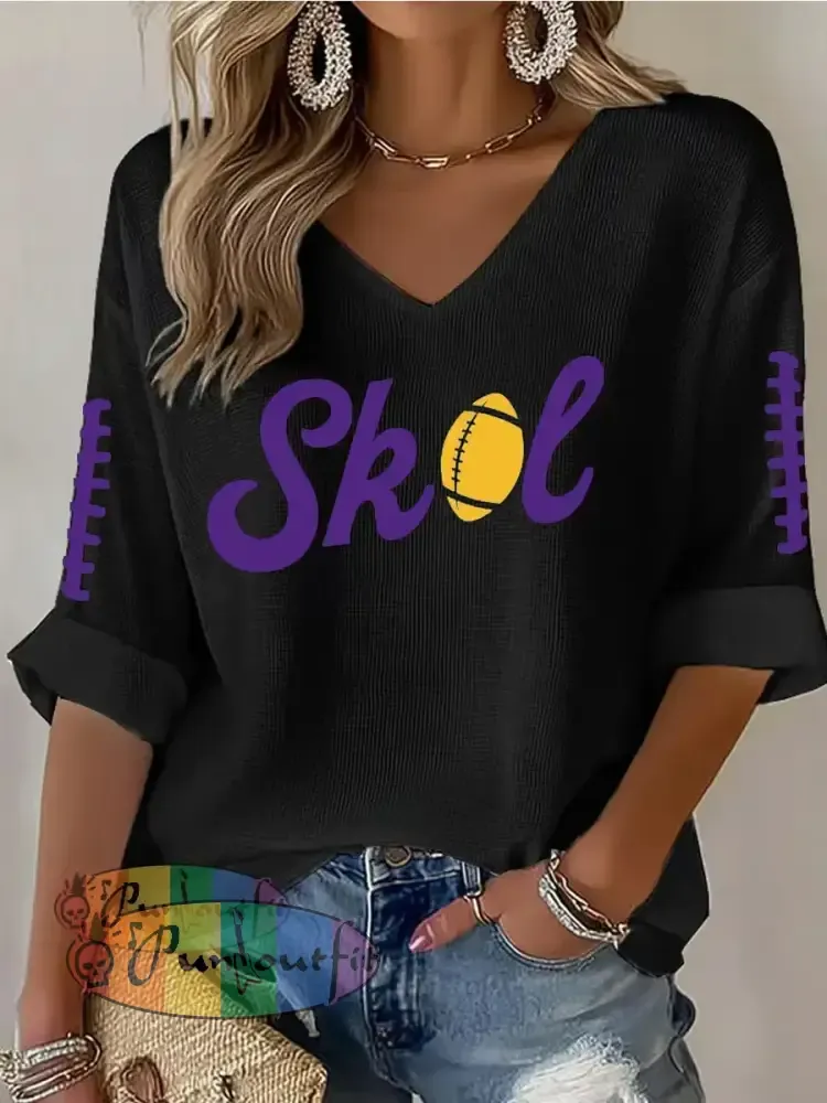 Women’s Let’s SKOL Crazy! Football Fans Lovers Gameday Casual V-Neck Top Black / S