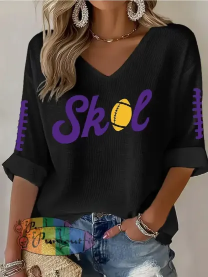 Women’s Let’s SKOL Crazy! Football Fans Lovers Gameday Casual V-Neck Top Black / S