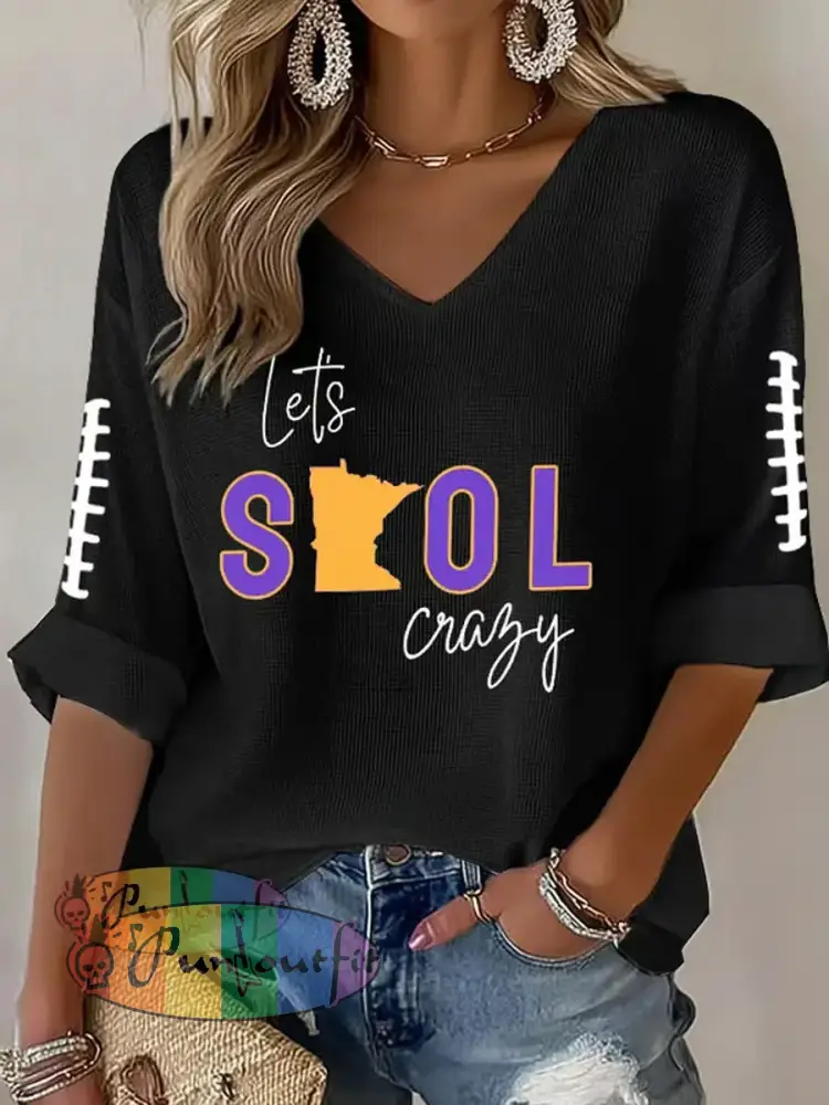 Women’s Let’s SKOL Crazy! Football Fans Lovers Gameday Casual V-Neck Top Black / S