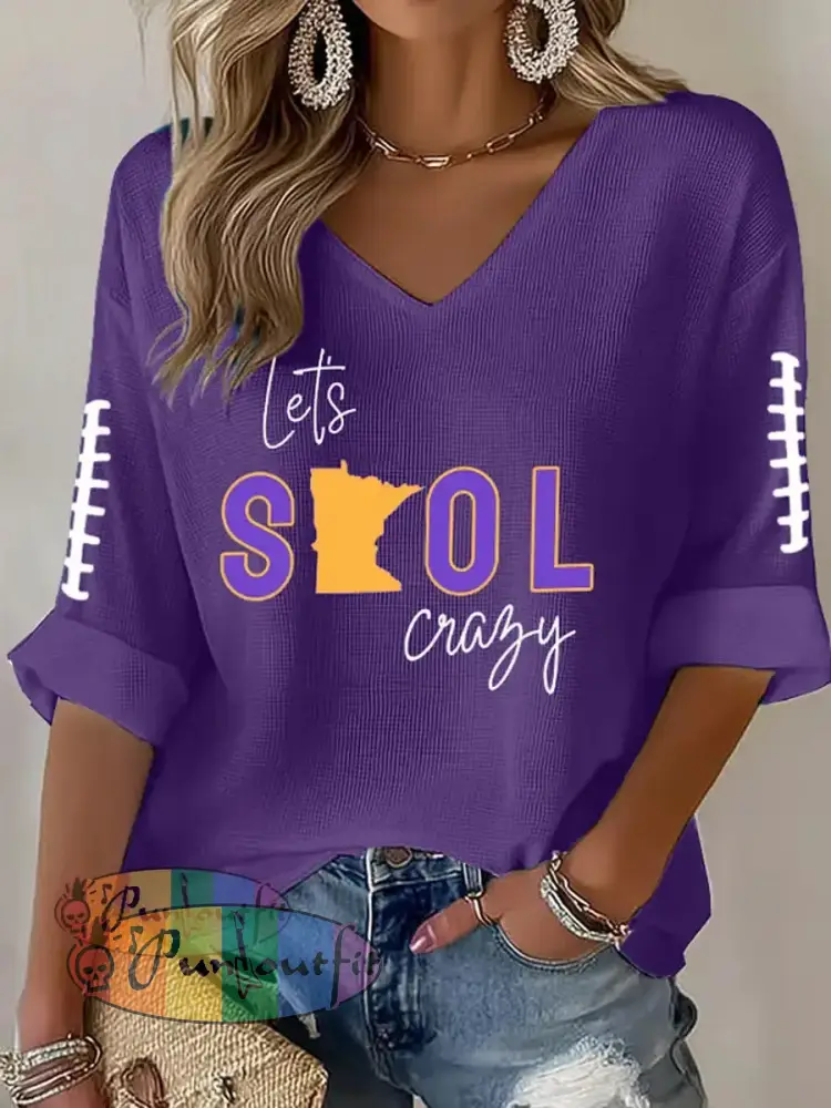 Women’s Let’s SKOL Crazy! Football Fans Lovers Gameday Casual V-Neck Top Purple / S
