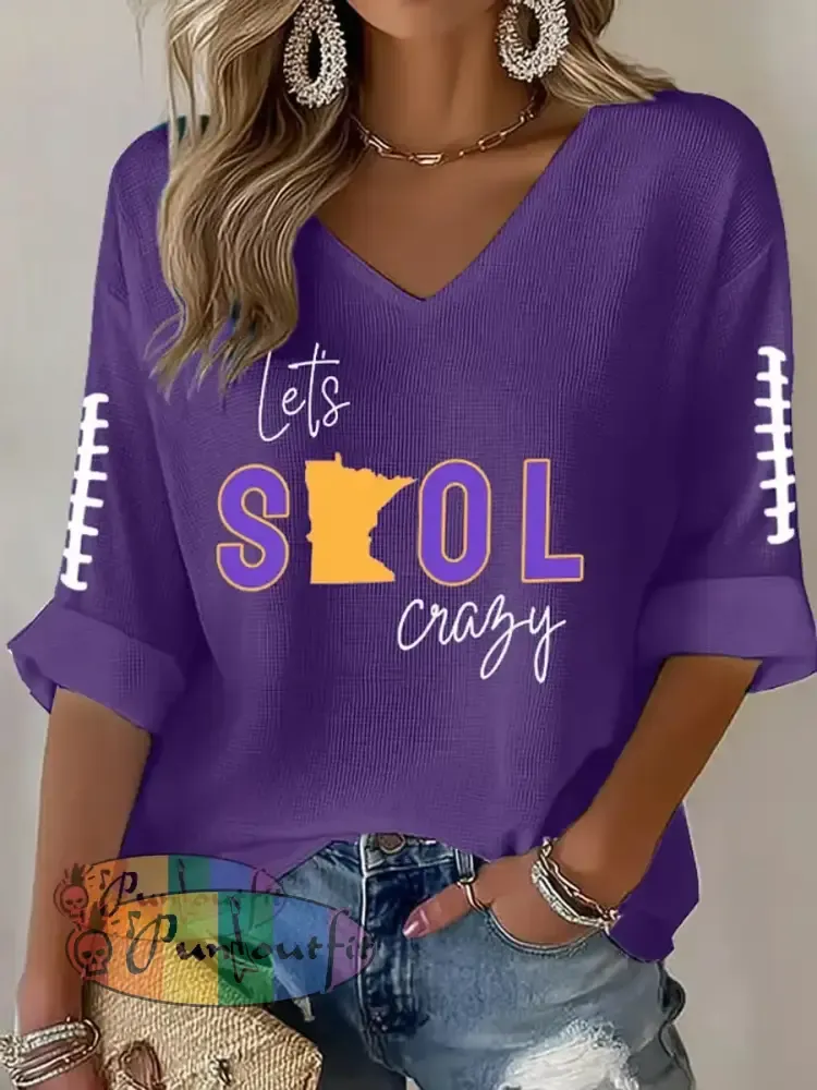 Women’s Let’s SKOL Crazy! Football Fans Lovers Gameday Casual V-Neck Top Purple / S