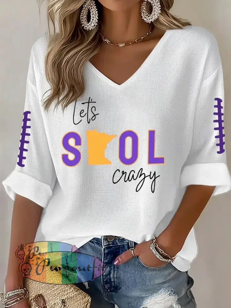 Women’s Let’s SKOL Crazy! Football Fans Lovers Gameday Casual V-Neck Top White / S
