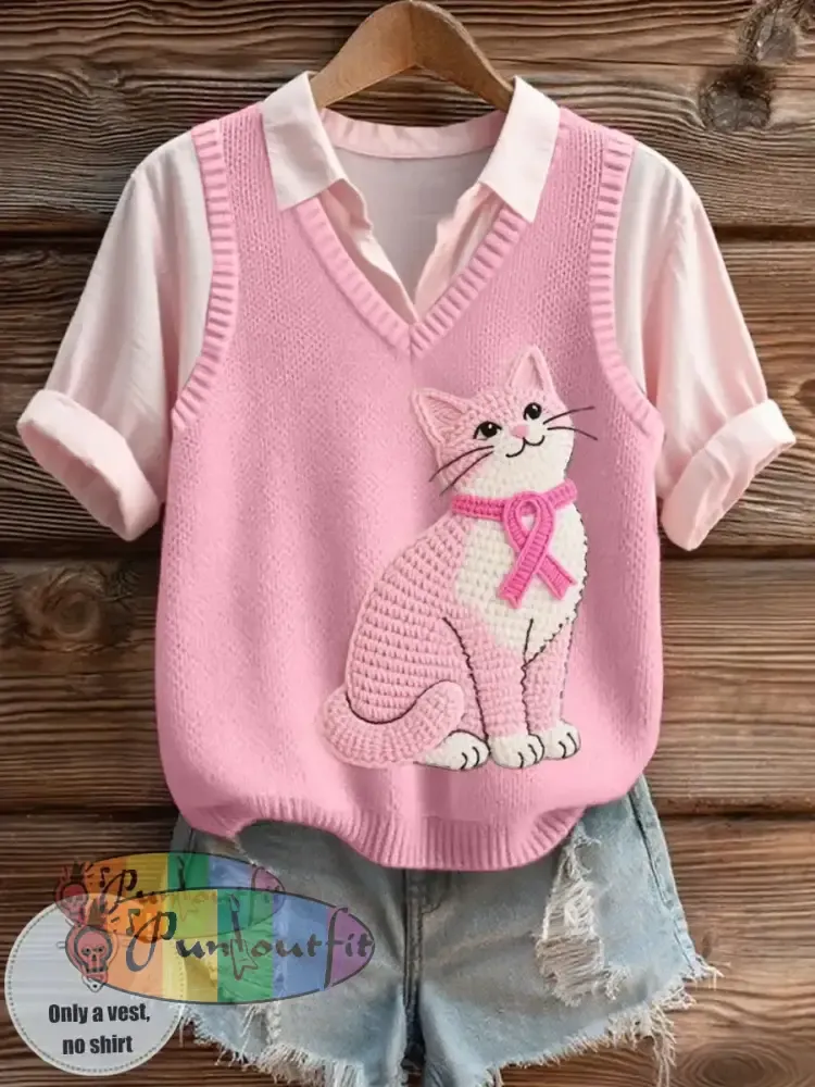 Women’s Lovely Cat Crochet Pattern Cozy Knit Vest Pink / S