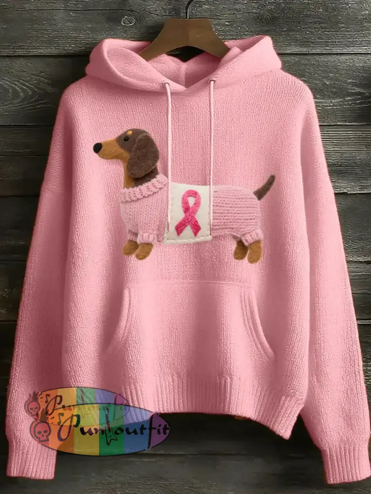 Women’s Lovely Dachshund Felt Art Cozy Knit Hoodie Pink / S