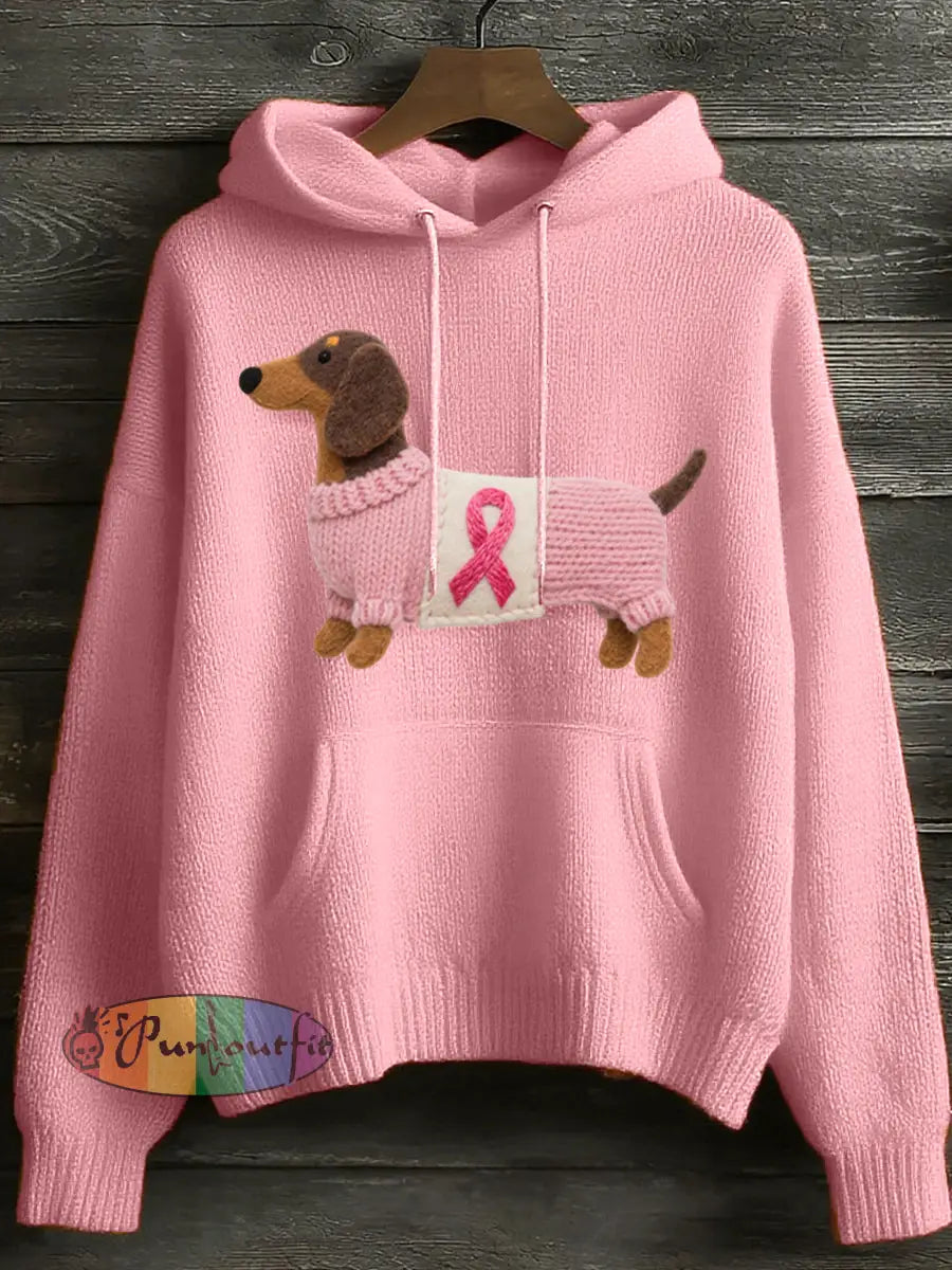 Women’s Lovely Dachshund Felt Art Cozy Knit Hoodie Pink / S