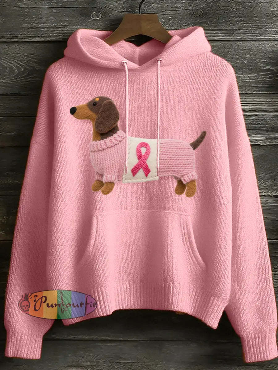 Women’s Lovely Dachshund Felt Art Cozy Knit Hoodie Pink / S