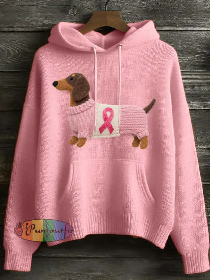 Women’s Lovely Dachshund Felt Art Cozy Knit Hoodie Pink / S