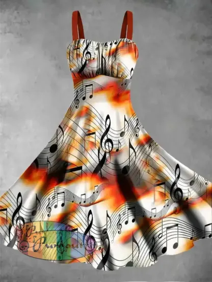 Women’s Music Note Printed Sleeveless Camisole Dress White-Yellow / S