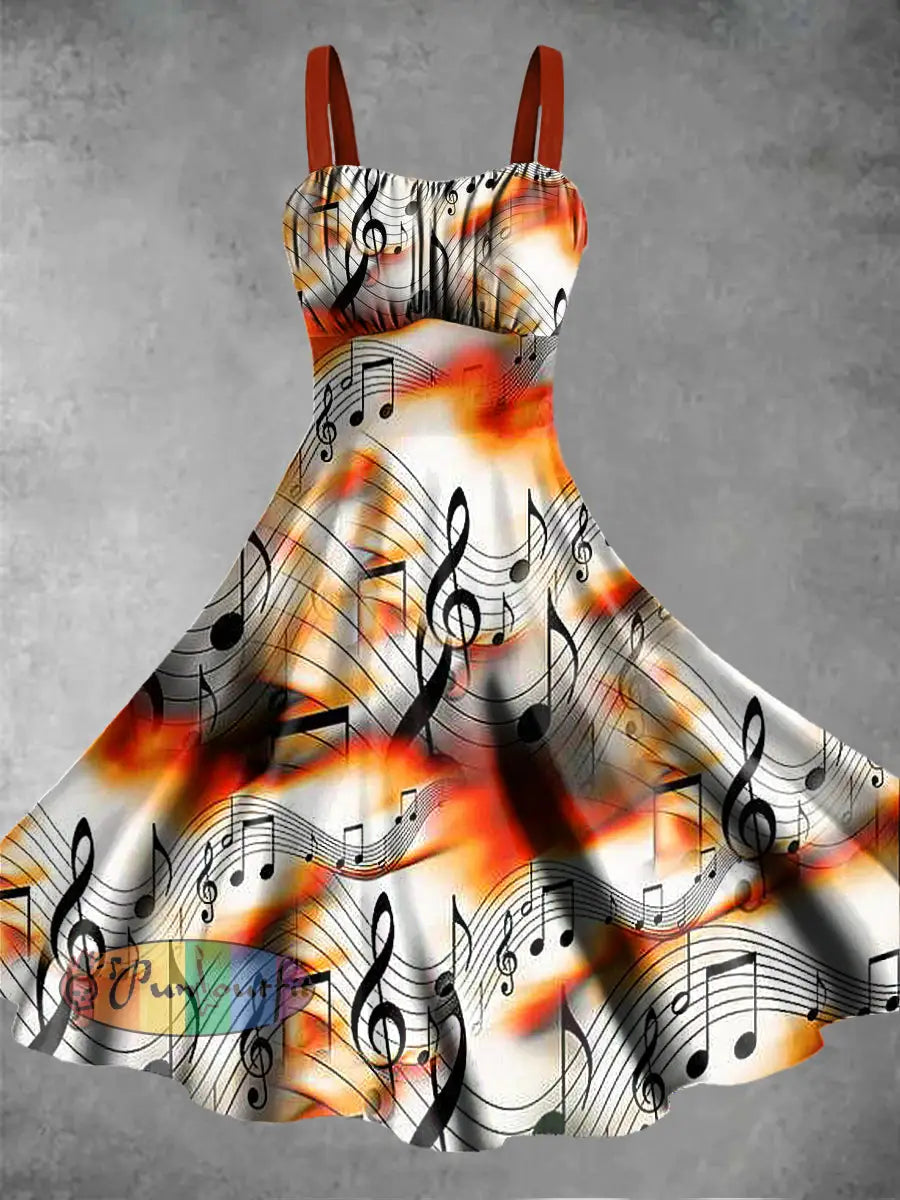 Women’s Music Note Printed Sleeveless Camisole Dress White-Yellow / S