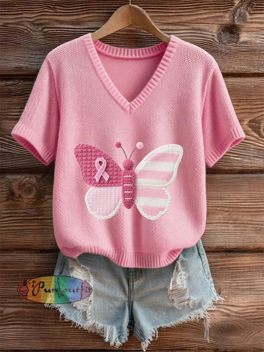 Women’s Pink Breast Cancer Awareness Butterfly T Shirt Pink / S