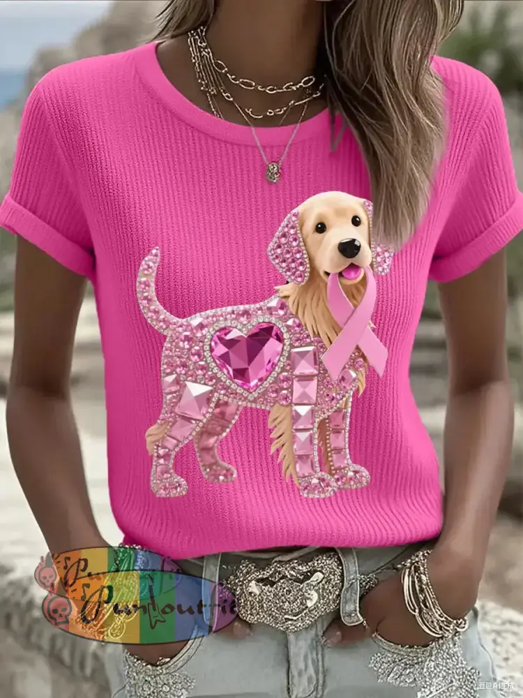 Women’s Pink Rhinestone Dog Pink Ribbon Print Breast Cancer Awareness Support Tee Rose Red / S