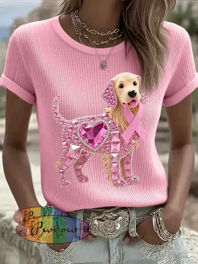 Women’s Pink Rhinestone Dog Pink Ribbon Print Breast Cancer Awareness Support Tee Pink / S
