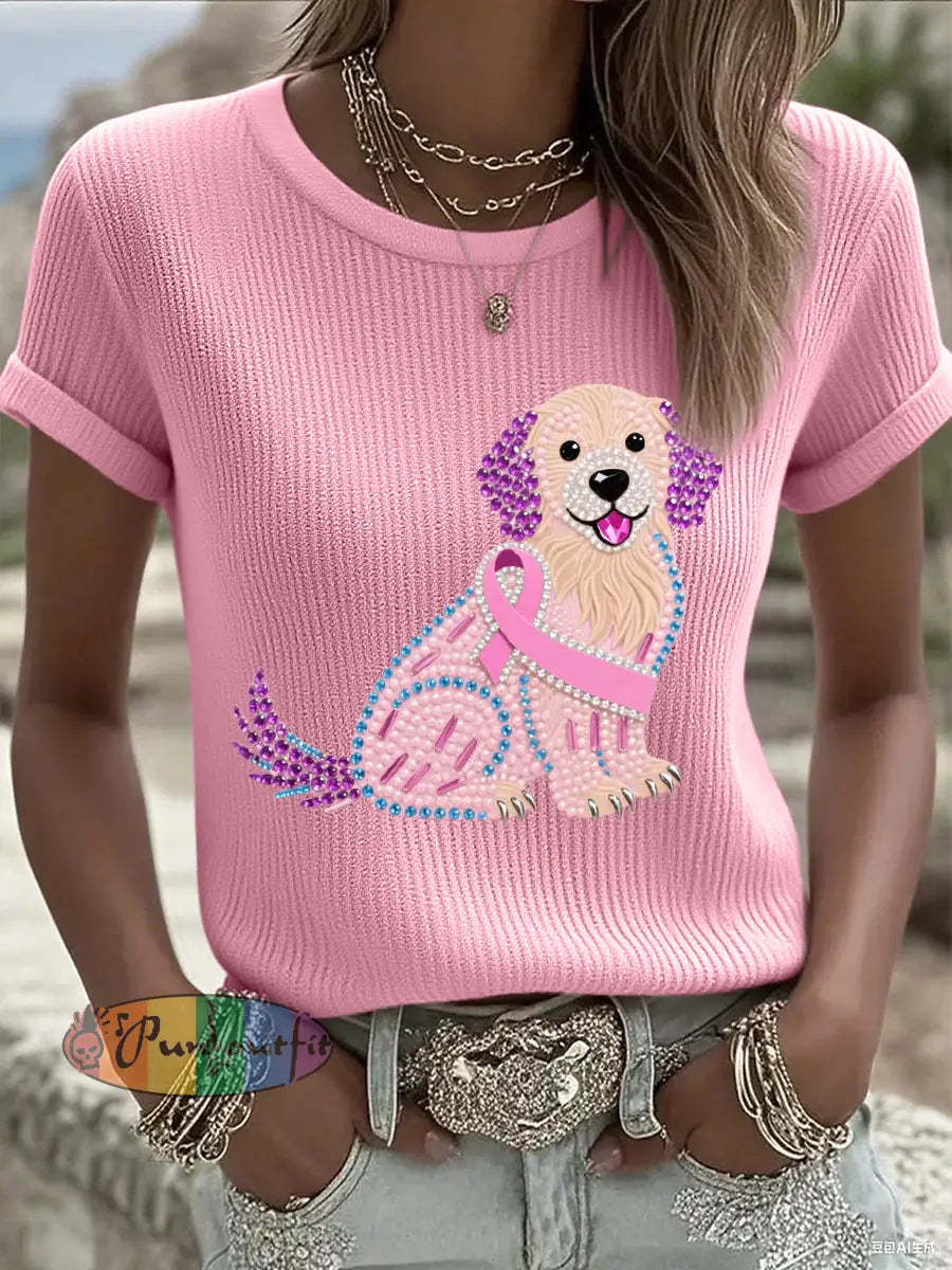 Women’s Pink Rhinestone Dog Pink Ribbon Print Breast Cancer Awareness Support Tee Pink / S