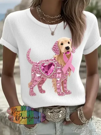Women’s Pink Rhinestone Dog Pink Ribbon Print Breast Cancer Awareness Support Tee White / S