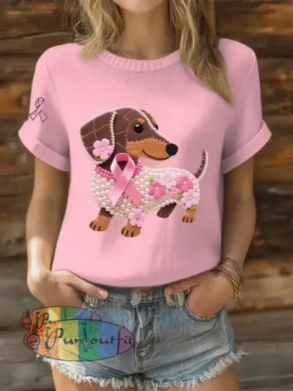 Women’s Pink Ribbon Pearl Dog Print Casual T shirt Light Pink / S