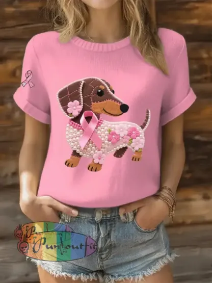 Women’s Pink Ribbon Pearl Dog Print Casual T shirt Pink / S