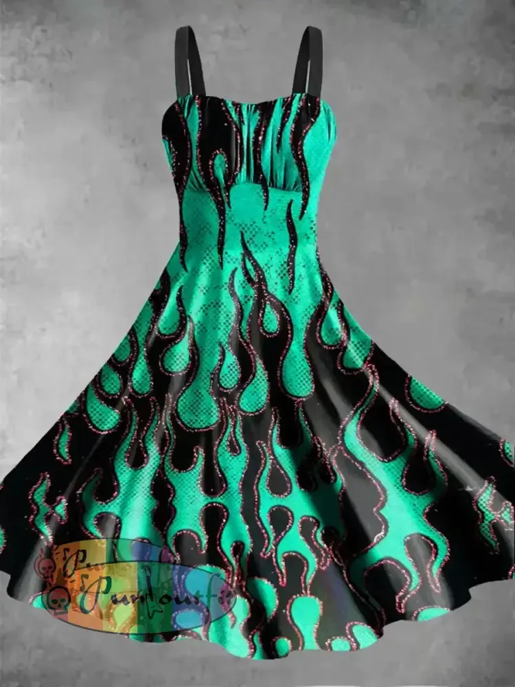 Women’s Psychedelic Flame Printed Sleeveless Dress Lake Green / S