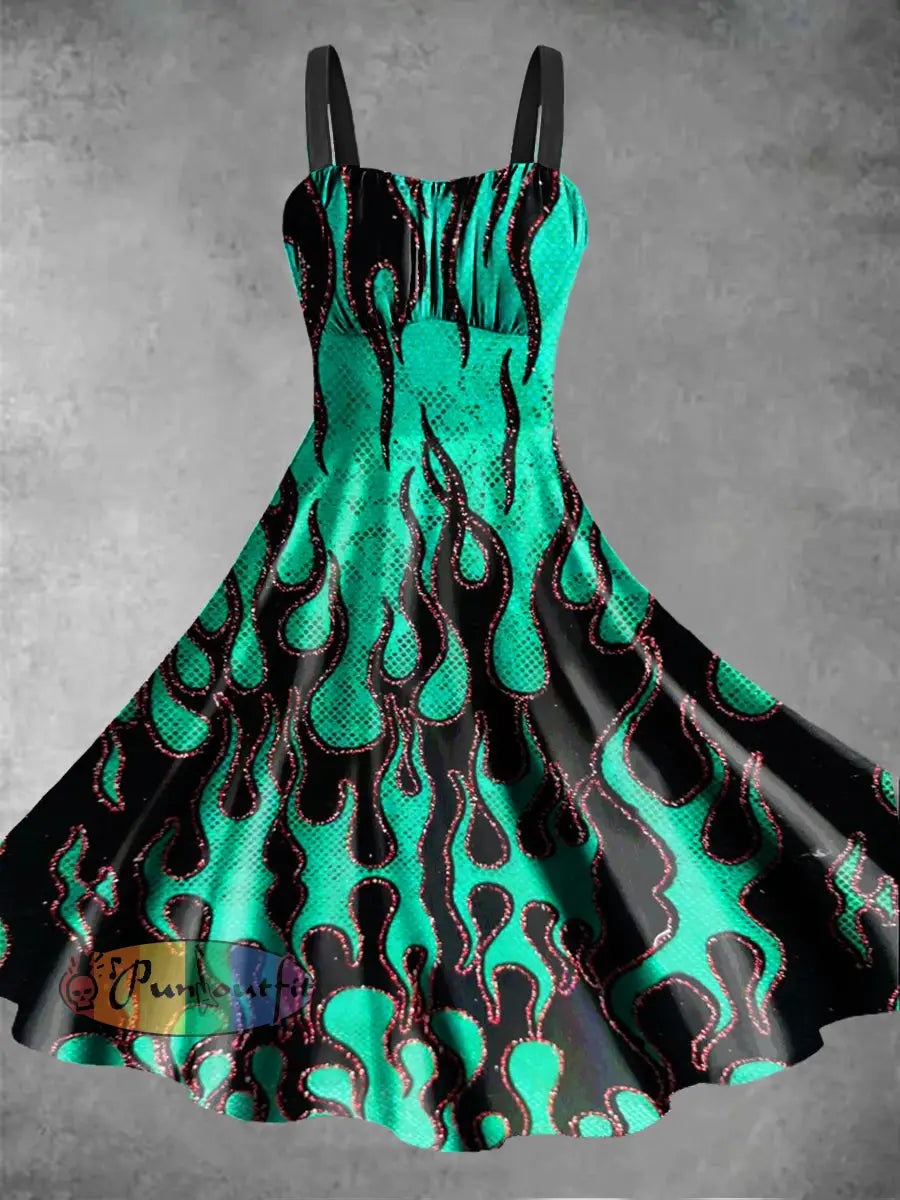 Women’s Psychedelic Flame Printed Sleeveless Dress Lake Green / S