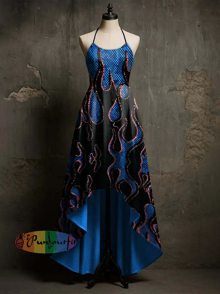 Women’s Psychedelic Flame Printed Suspender Long Dress Blue / S