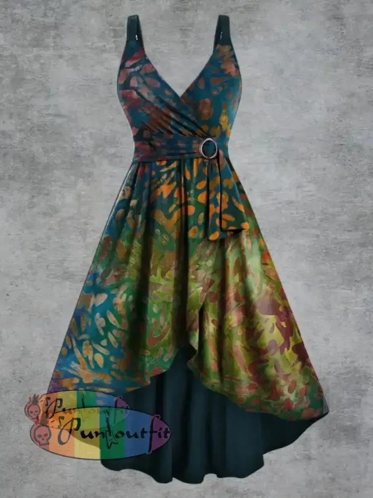 Women’s Psychedelic Print V neck Belt Camisole Dress Multicolour / S