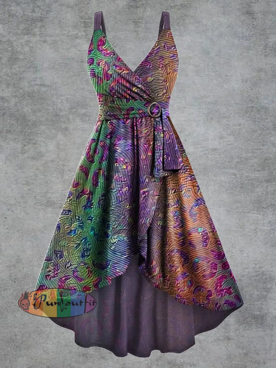 Women’s Psychedelic Print V neck Belt Camisole Dress Multicolour / S