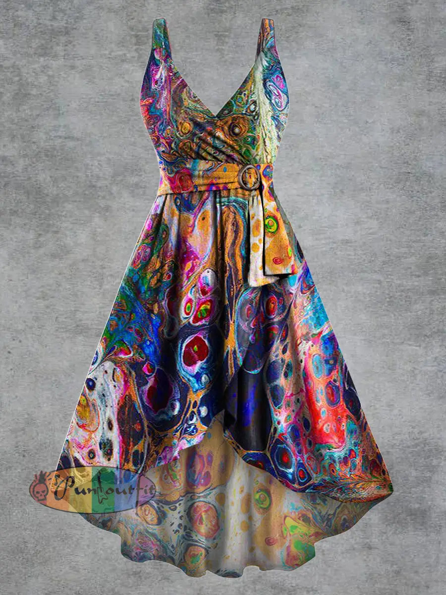 Women’s Psychedelic Print V neck Belt Camisole Dress Multicolour / S
