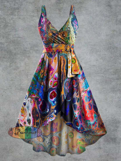 Women’s Psychedelic Print V neck Belt Camisole Dress Multicolour / S