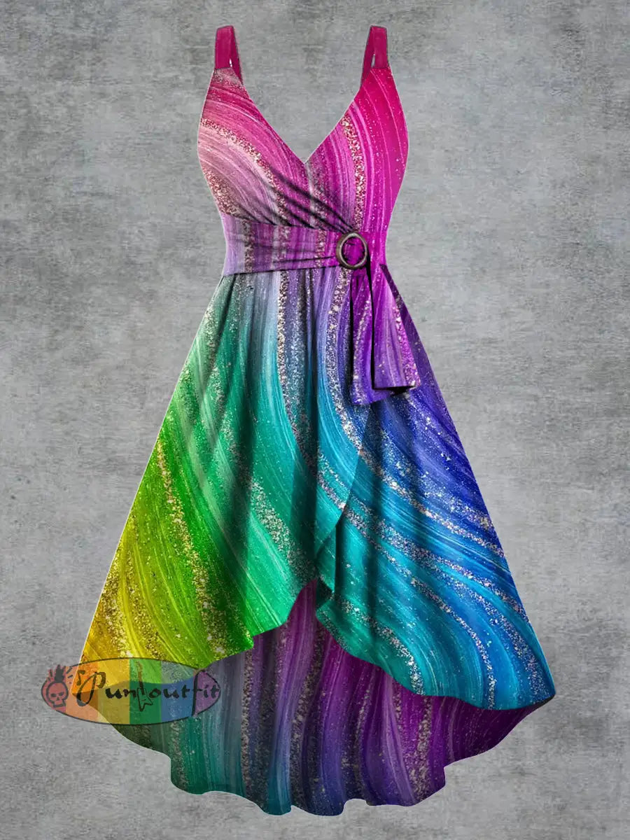 Women’s Psychedelic Print V neck Belt Camisole Dress Multicolour / S