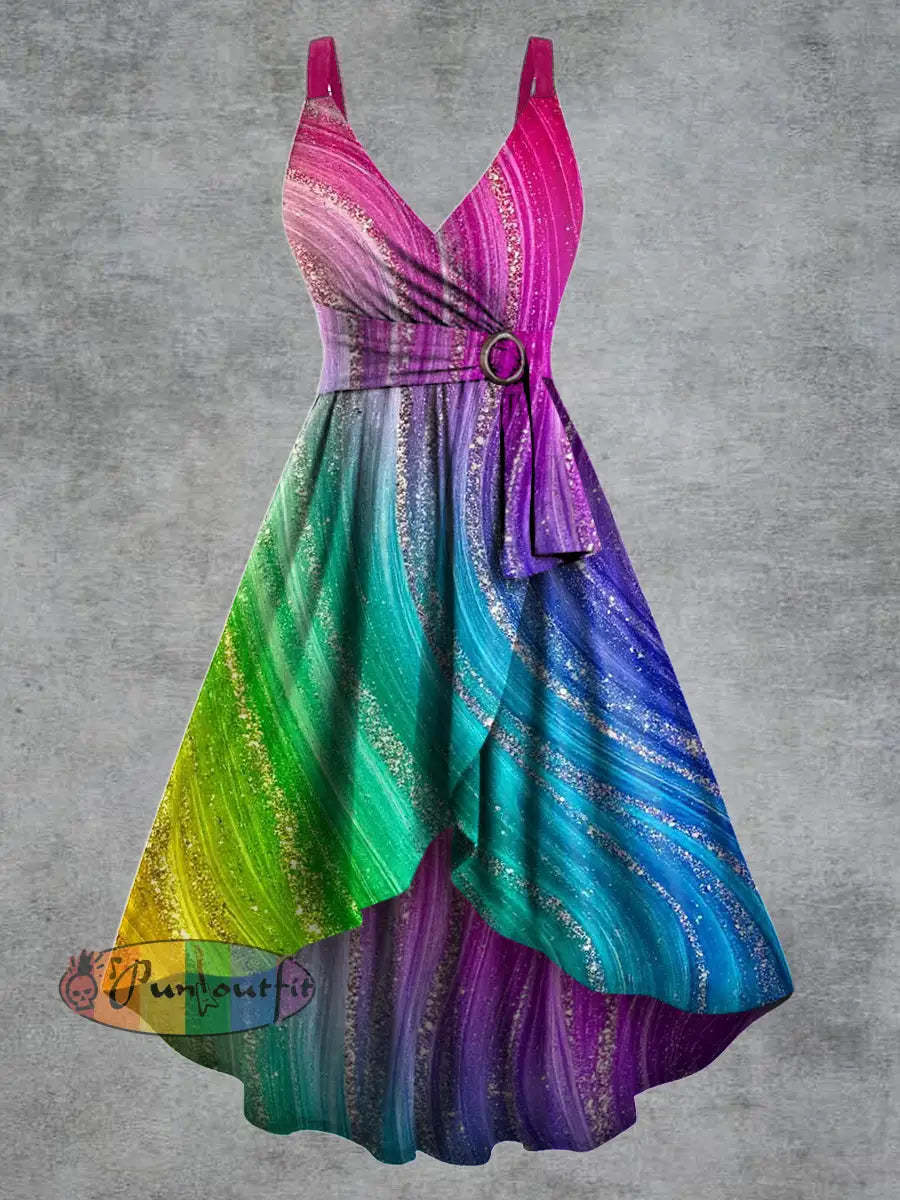 Women’s Psychedelic Print V neck Belt Camisole Dress Multicolour / S