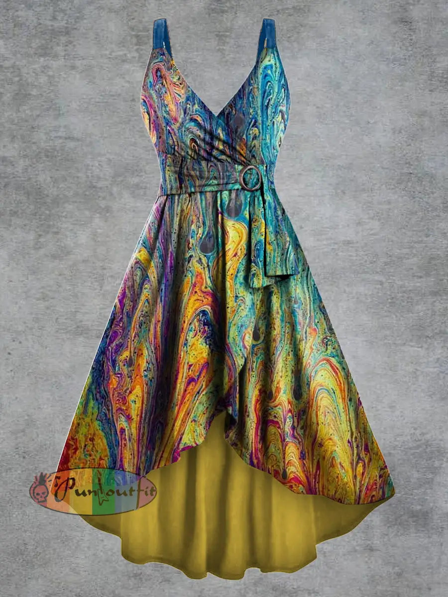 Women’s Psychedelic Print V neck Belt Camisole Dress Multicolour / S