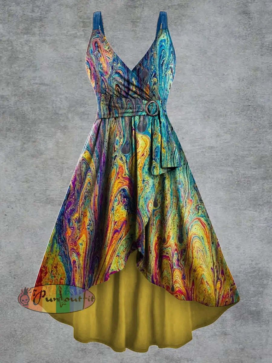 Women’s Psychedelic Print V neck Belt Camisole Dress Multicolour / S