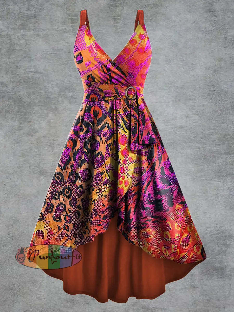 Women’s Psychedelic Print V neck Belt Camisole Dress Multicolour / S