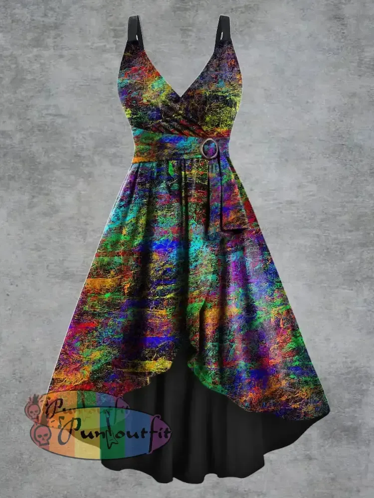 Women’s Psychedelic Print V neck Belt Camisole Dress Multicolour / S