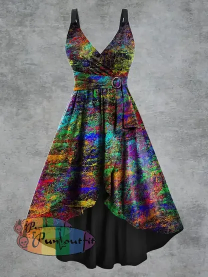 Women’s Psychedelic Print V neck Belt Camisole Dress Multicolour / S