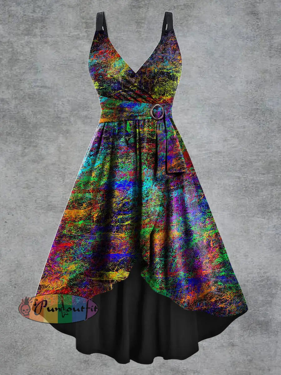 Women’s Psychedelic Print V neck Belt Camisole Dress Multicolour / S