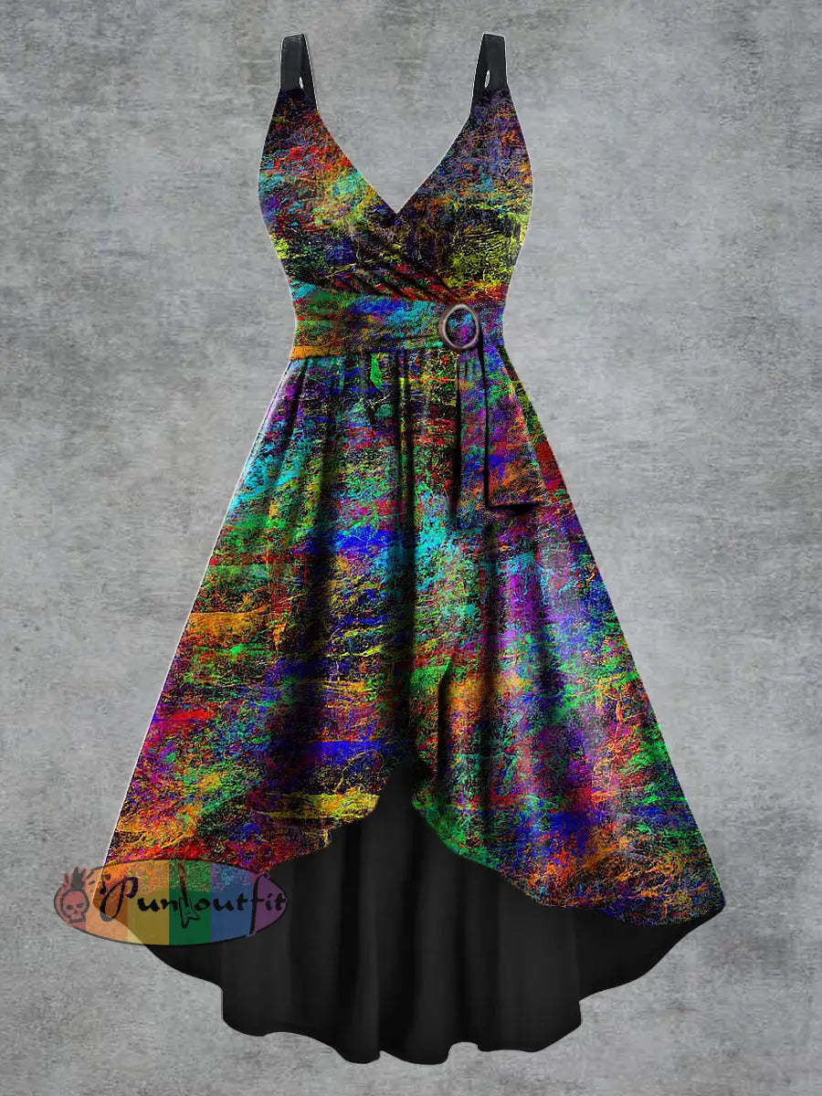 Women’s Psychedelic Print V neck Belt Camisole Dress Multicolour / S