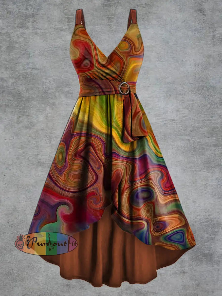 Women’s Psychedelic Print V neck Belt Camisole Dress Orange / S