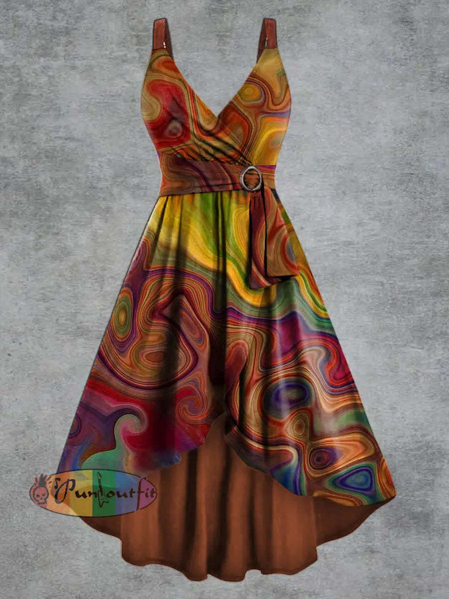 Women’s Psychedelic Print V neck Belt Camisole Dress Orange / S