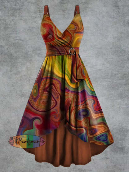 Women’s Psychedelic Print V neck Belt Camisole Dress Orange / S